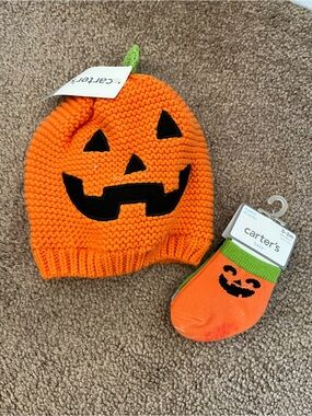 Carter's Bright Orange Pumpkin Knit Beanie & Sock Set with Green Stem